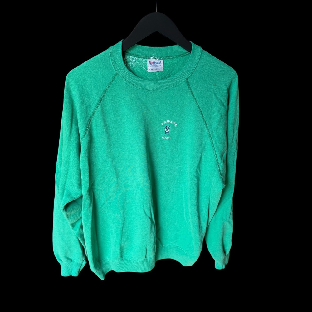 Vintage 80's Sweatshirt XL Green Kawana 1990 Raglan Made in USA Crewneck 90s